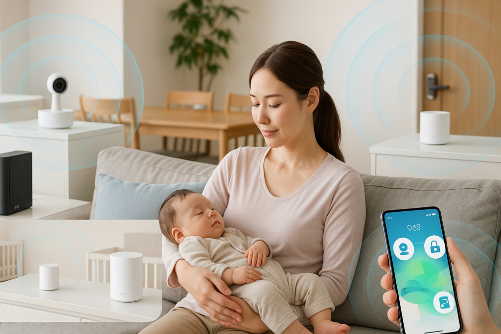 NURO光 × メッシュWi-Fiで子供をカメラで見守っている女性