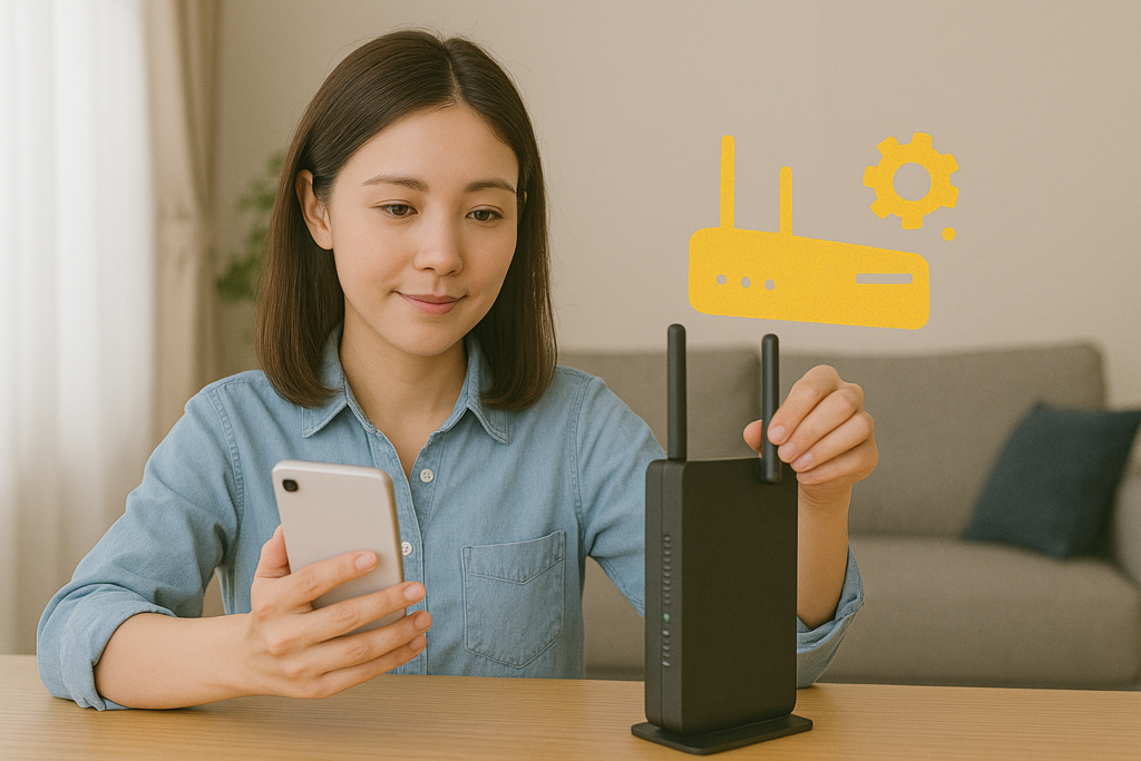 NURO光ルーター設定をしている女性