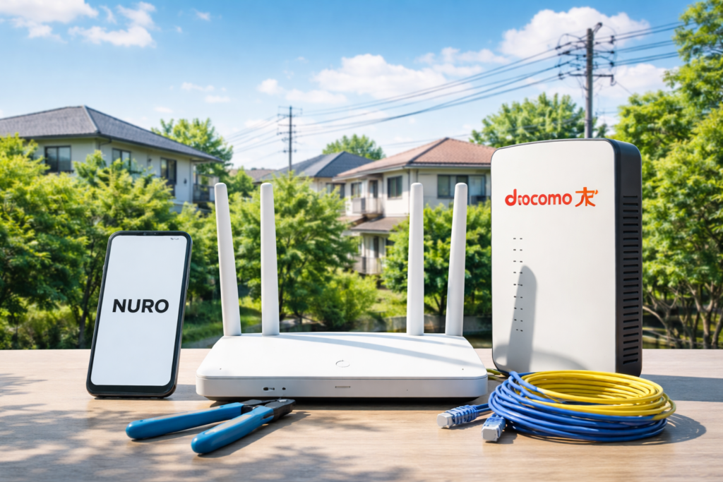 ネットワーク機器と住宅風景